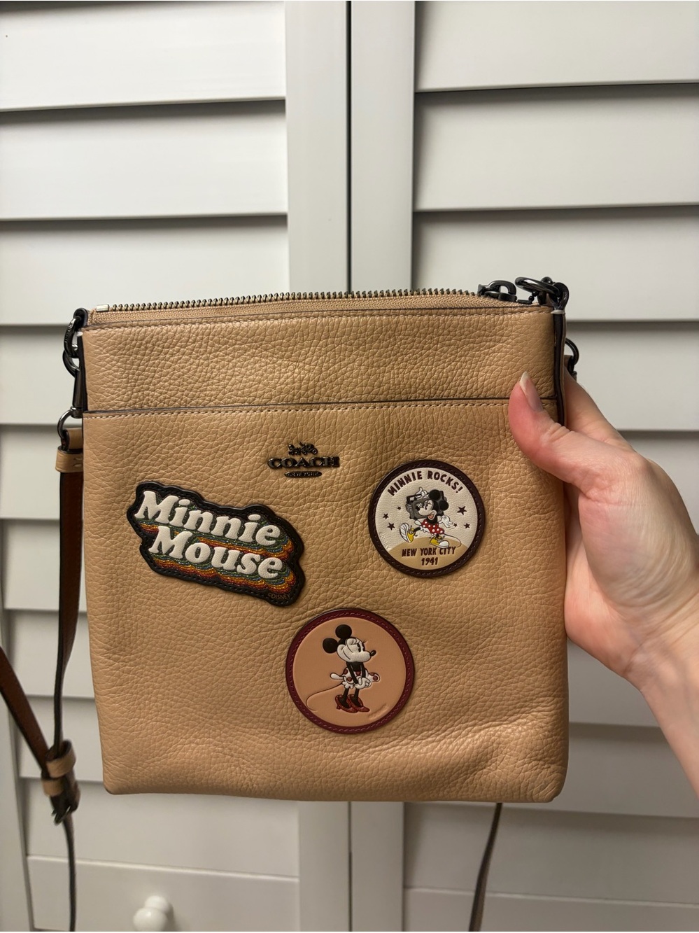 Coach Tan Leather Crossbody with Minnie Mouse Patches